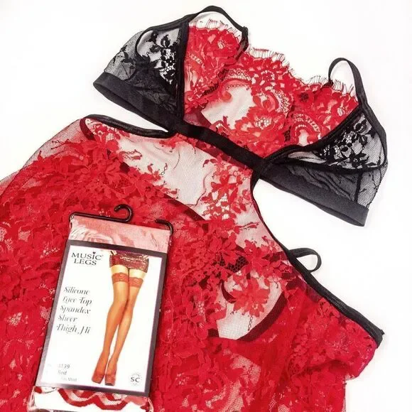 Lacey Red Sweetheart Chemise & Sheer Thigh Highs Sz L - Picture 14 of 14